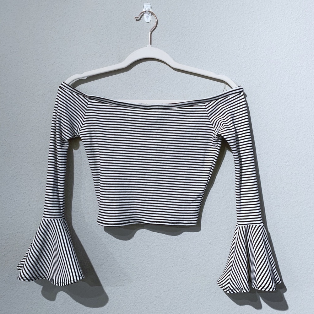 Wild Honey striped, off shoulder, crop top.
